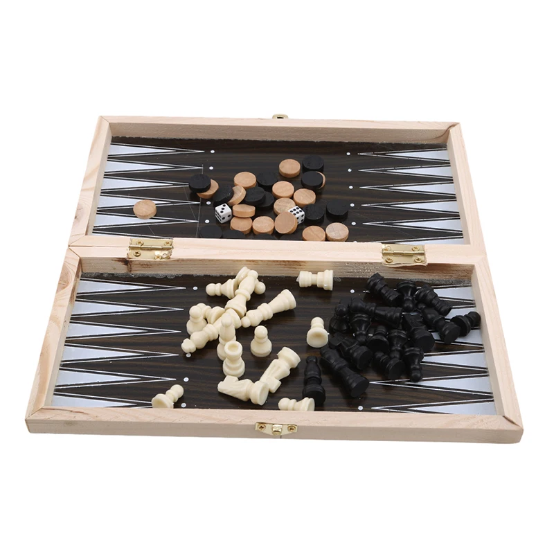 

3 in 1 Chess Board International Chess Set Portable Wooden Chessboard Travel Board Games Backgammon Checkers Pieces