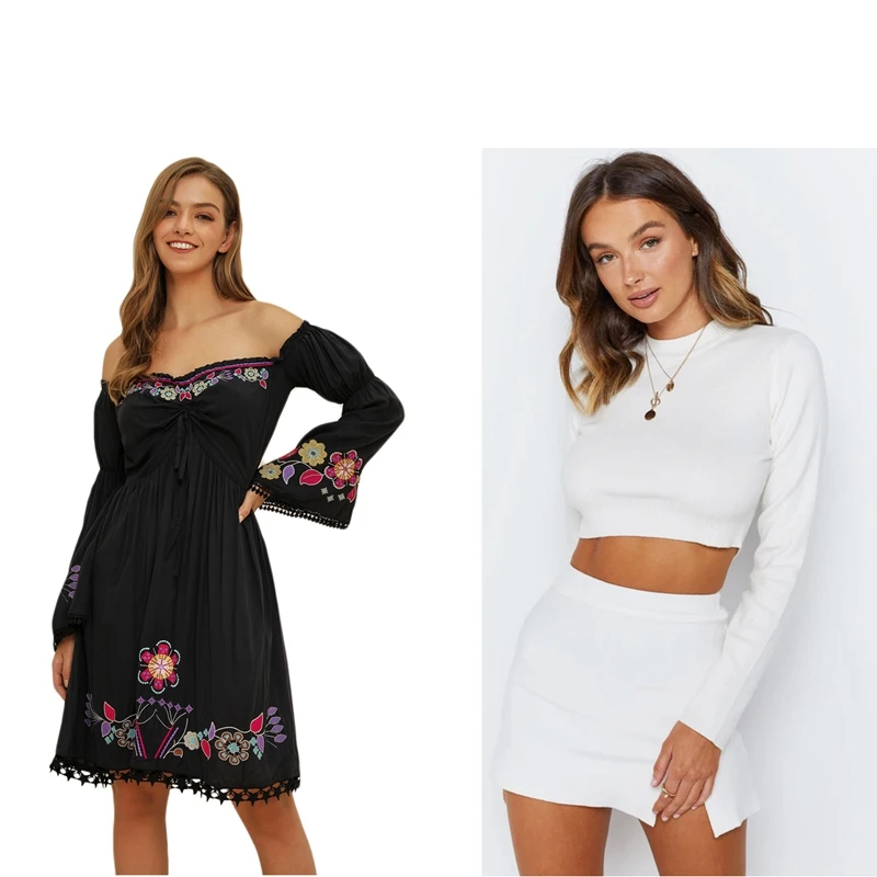 

1 Pcs Embroider Inwrought Flower Mini Dress S & 1 Set Spring and Autumn Young Sweater O-Neck Solid Skirt Set White S