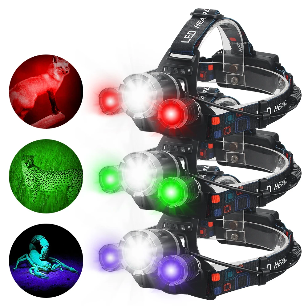 Outdoor Green/Red/UV395nm+White Dual Light Headlamp 4 Modes 