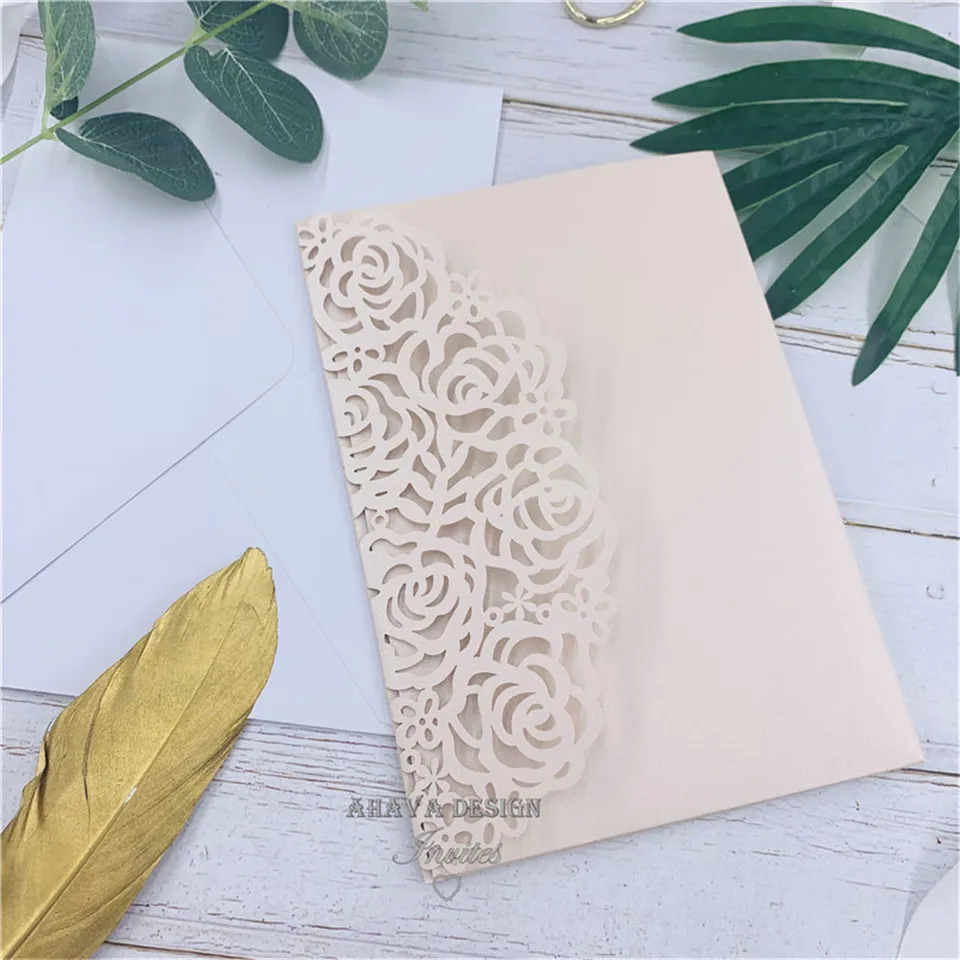 Beautiful Luxury Blush Laser Cut Wedding Invitation Folder, Invitation RSVP Suite Die cut