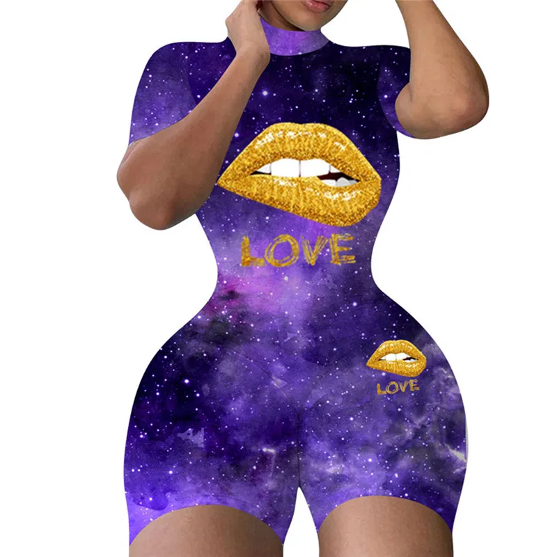 

Women New Sexy Tie Dyeing Playsuit Rompers Summer Multi-color Short Sleeve Rompers Lips Printed Turtleneck Bodycon Shorts Pants
