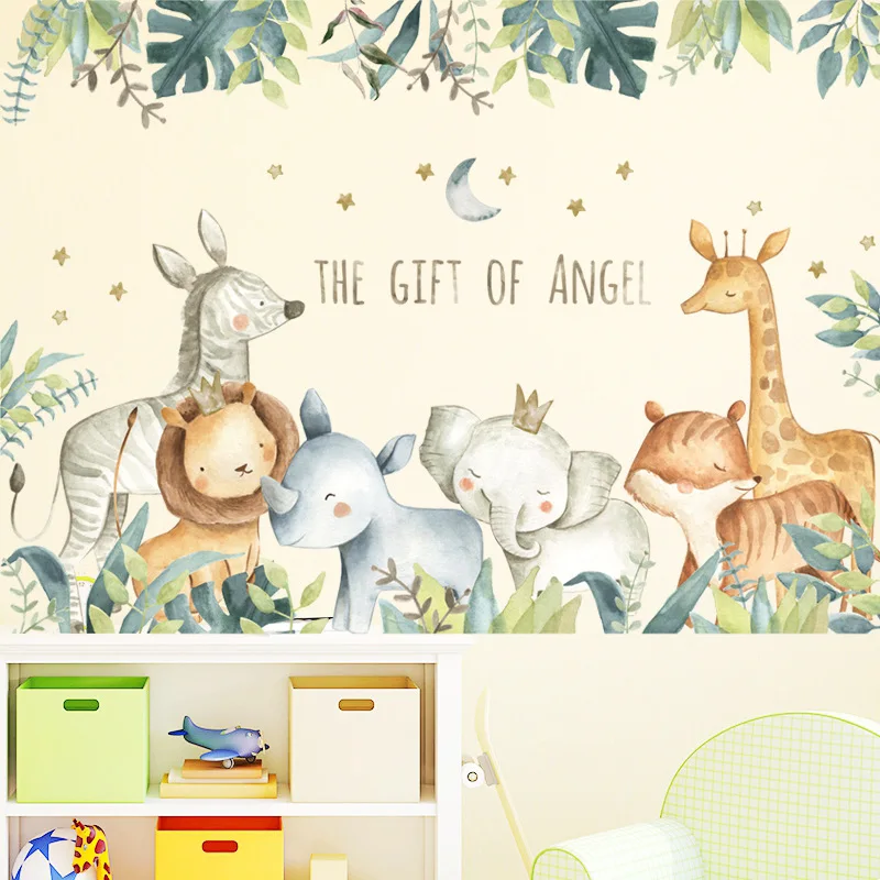 

Cartoon wall stickers for kids Rooms Giraffe Lion Fox Elephant Animal Home Decals Nursery Kindergarten Baby Room Home Decor