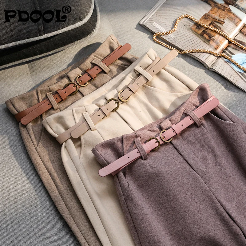 

Korean Winter Wool Pants Women New High Slim Waist Belted Harem Elegant Trousers Female Autumn Warm Women's Long Pants F201