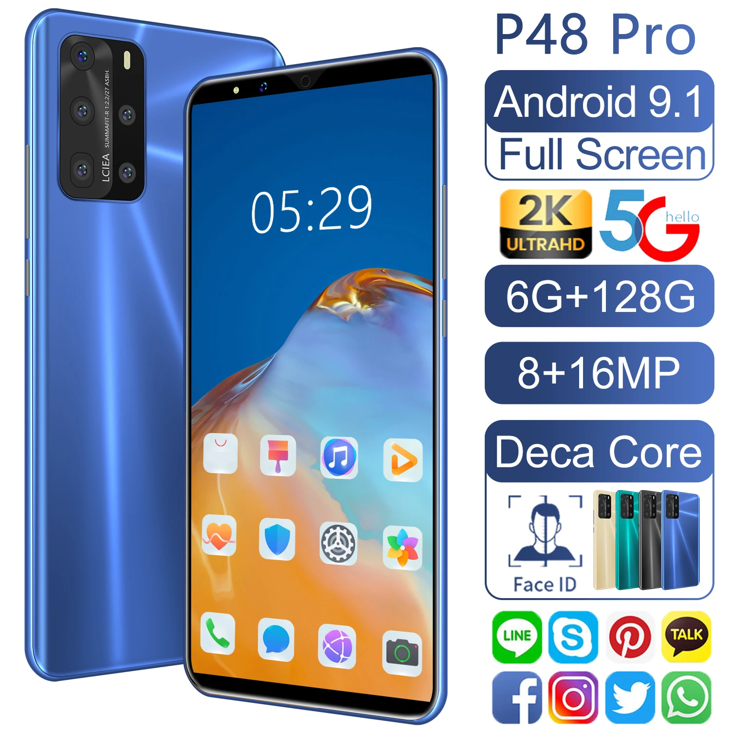 

P48 Pro 5.8"SmartPhone Global Version 6GB+128GB 3800mAh Big Capacity Battery Android 8+16Mp Camera Fingerprint Unlock Cellphone