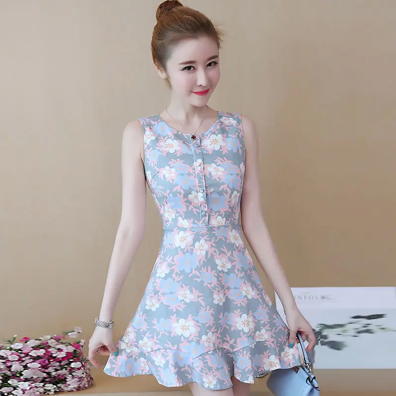

2021 fashion new dress female summer Korean temperament lady slim short sleeve temperament printing casual dress