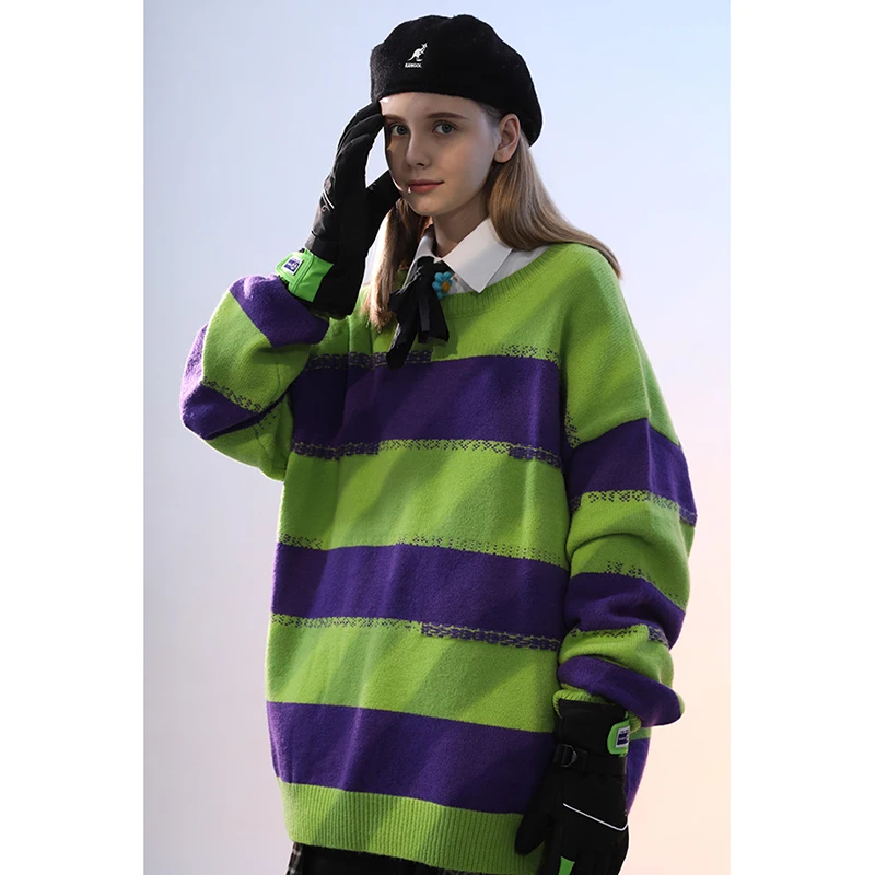 Оригинальный Цветной полосатый осенний свитер с круглым вырезом оверсайз для