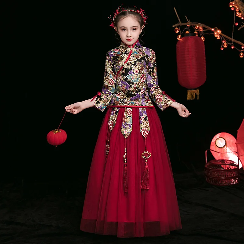 

Chinese HanFu Dresses for Girls Flower Girl Wedding Bridesmaid Lace Embroidery Flower Dress Kids Cheongsam New Year Dress