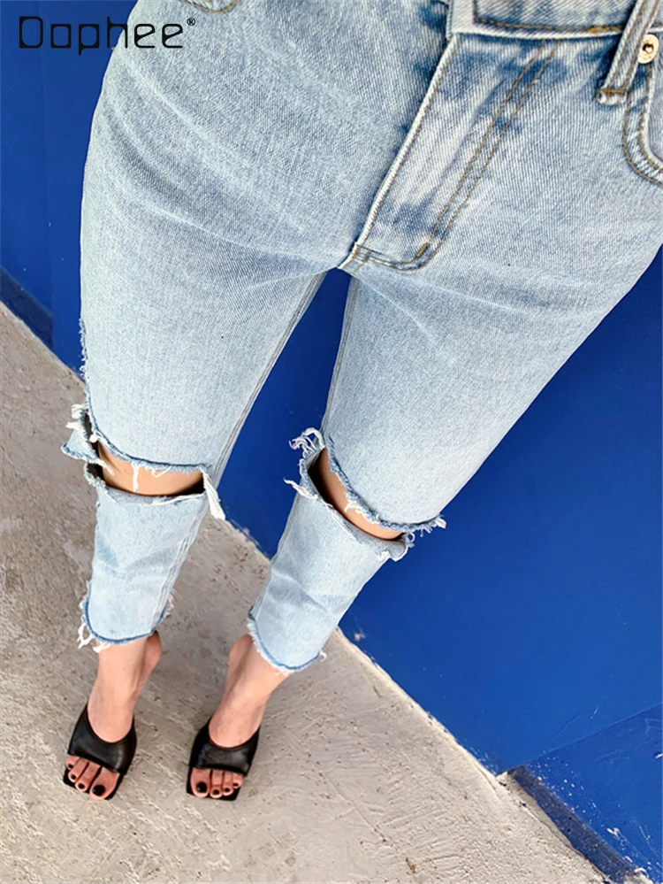 

2021 Spring High Waist Washed Blue Legs Ripped Brushed Frayed Small Straight-Leg Jeans Cropped Pants