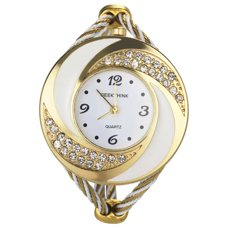 Gold White Модные стразы, бриллианты, в стиле вихря, стальное переплетение, платье, наручные часы для женщин и девушек, дамский браслет, кварцевые часы - Цвет: Gold White