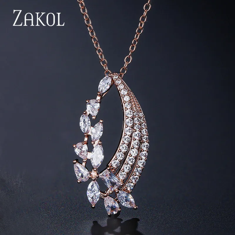 Rose Gold Color ZAKOL нежный циркония с украшением в виде кристаллов лист подвески для Для женщин модное, в форме оливы филиал Свадебные украшения FSNP2042 - Окраска металла: Rose Gold Color