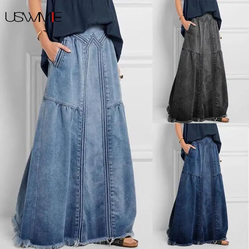 

Free Shipping Long Skirts For Women Spring Autumn Skirts Womens Denim Elastic Waist Pure Color Pockets Sanding Skirt For Women