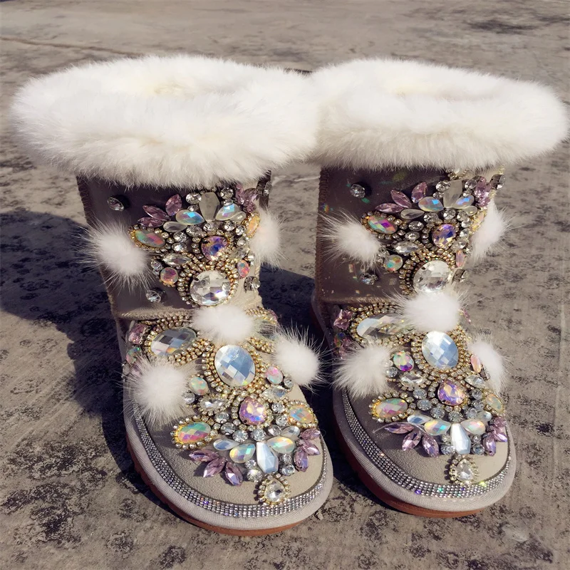 

2021 autumn and winter new luxury handmade custom Rex rabbit fur gem leather snow boots tide brand fur shoes