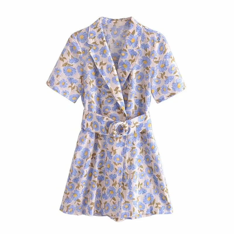 

Женский Короткий комбинезон на пуговицах ZA, синий винтажный комбинезон с цветочным принтом, с коротким рукавом и поясом, двубортный Летний ...