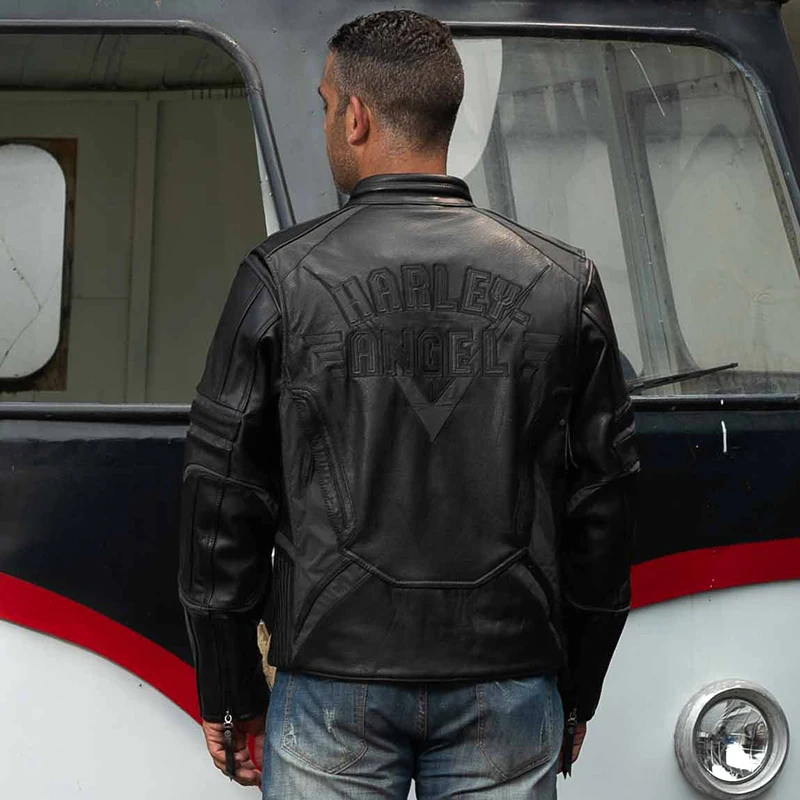 

Professional genuine men cowhide motorcycle biker jacket with protective device bag real leather coat male