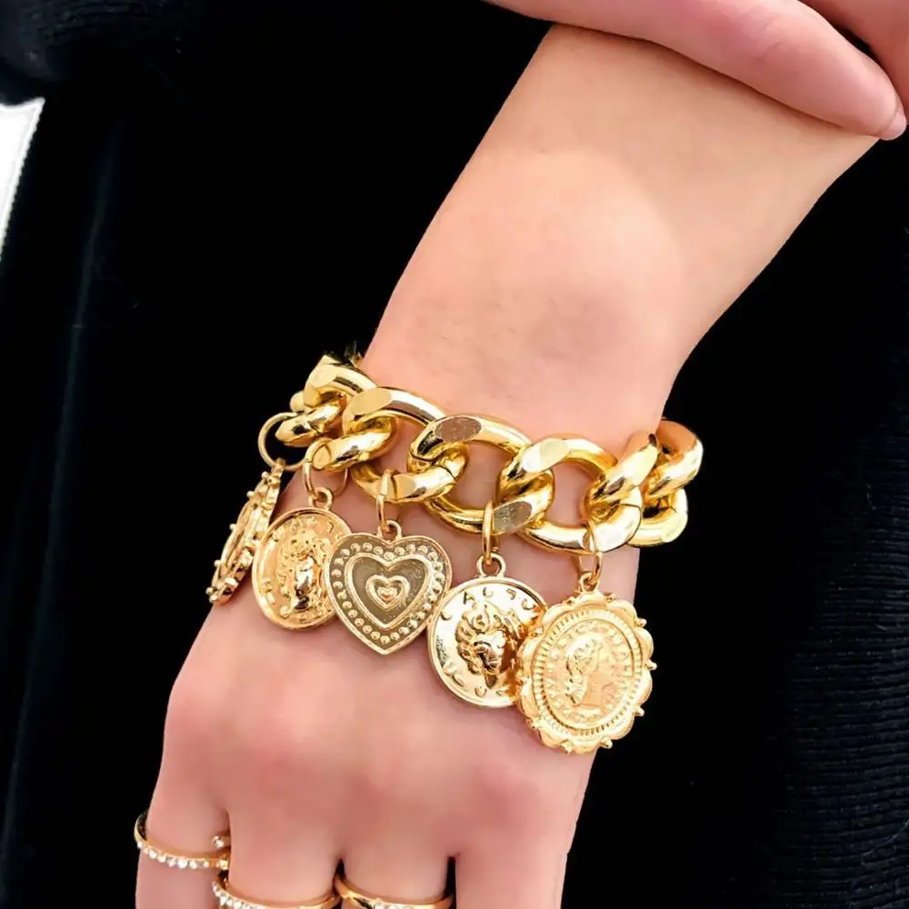 

Gold bracket punk chain coin retro jewelry male and female personality relief portrait geometry Bracelet hip hop Bracelet