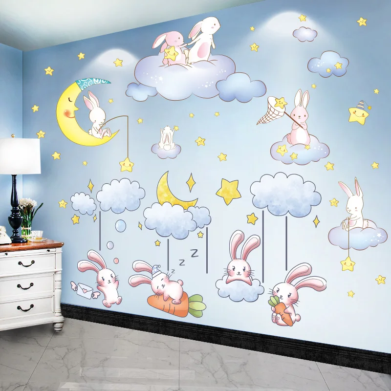 

[shijuekongjian] Rabbits Animals Wall Stickers DIY Clouds Stars Moon Wall Decals for Kids Bedroom Baby Room House Decoration