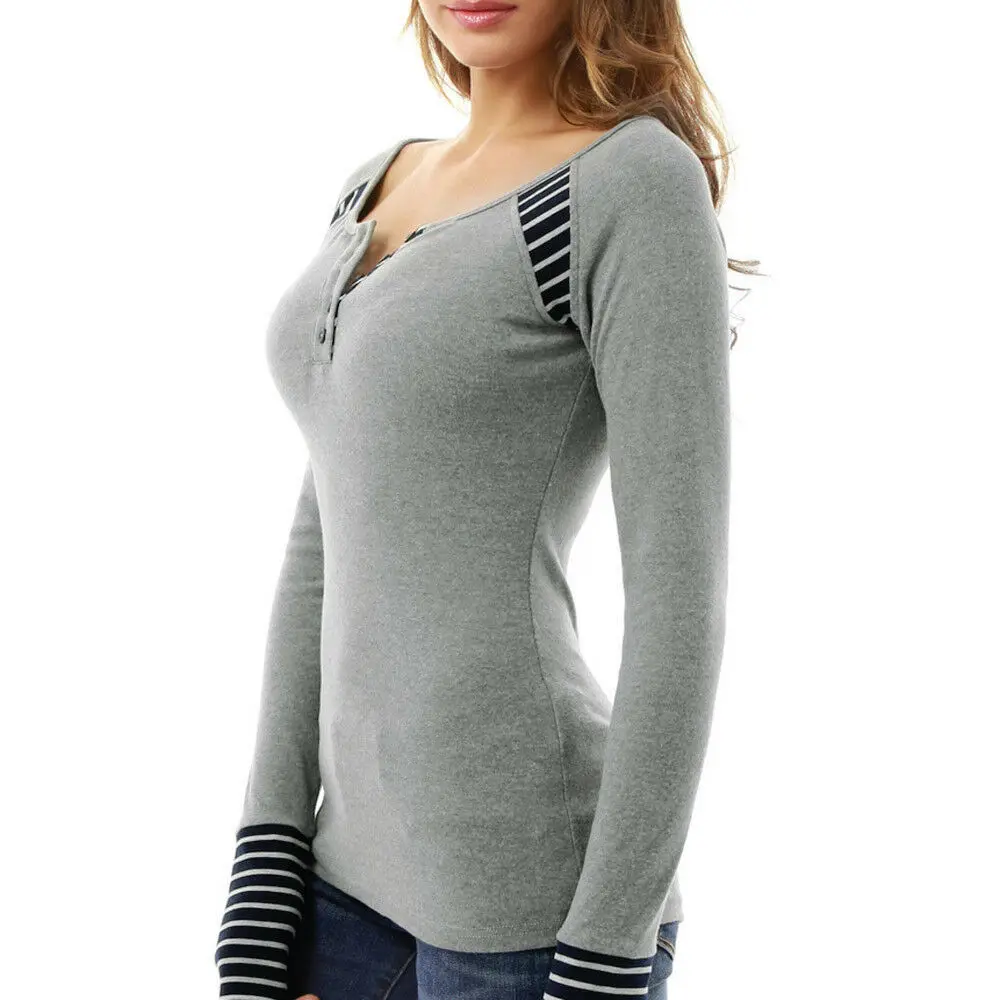 

Women Casual Button V-neck T-shirt Blouse Slim 3/4 Sleeve Tops Tee Pullover
