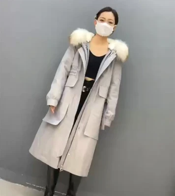 

ZiZhen Parka Long Overcoat Detachable Rabbit Fur Liner Raccoon Fur Trim Hood Thick Warm Woman Letter Warm Coat 20200622-4
