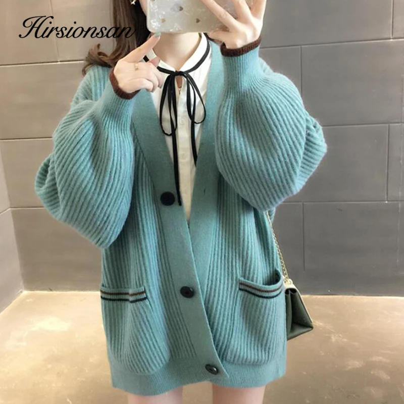 Hirsionsan Sweater Women Autumn Knitted Long Cardigans Korean Solid V-neck Big Pocket Clothes Loos Warm Jumper Femme Tops |