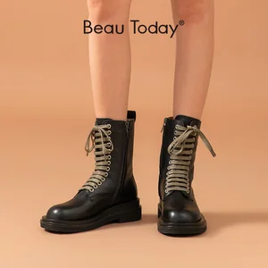 Ботильоны BeauToday женские из бычьей кожи, на шнуровке, с боковой молнией, на платформе, ручная работа, 03516