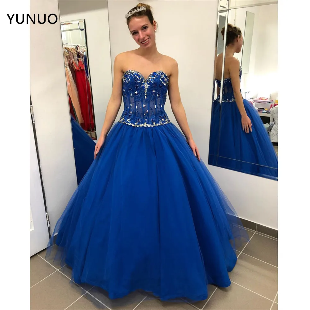 

YUNUO милое синее платье Quinceanera с аппликацией кристаллы vestidos de 15 лет милые платья 16 выпускного вечера Тюлевое бальное платье