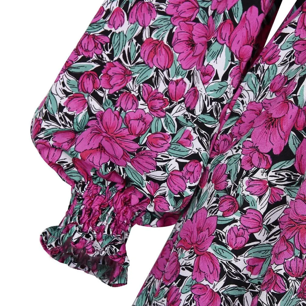 

2021 New Fashion Floral Dress Spring Even Vintage Pullove Chiffon High Waist Sashes Lantern Long Sleeve Midi Print Dresses Woman
