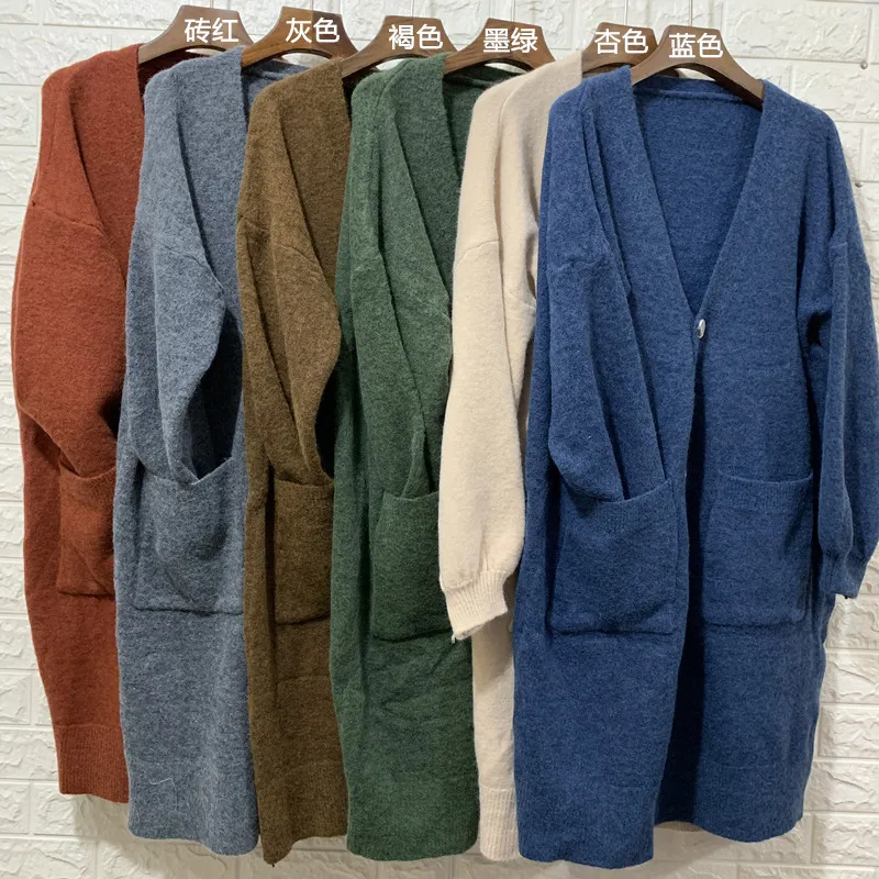 Женский длинный шерстяной свитер с v-образным вырезом однобортный вязаный