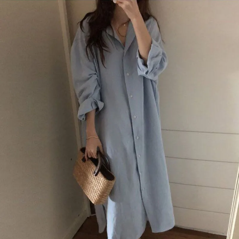 2020 корейский стиль весна осень Женское Платье рубашка с отложным воротником