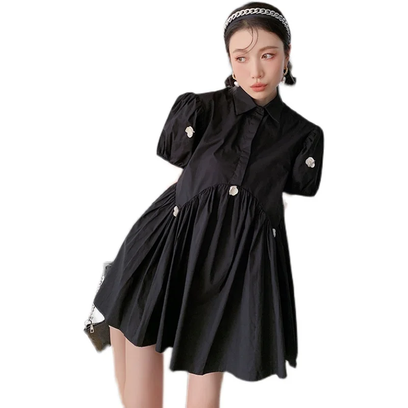 

French shirt dress a word skirt short-sleeved summer Hepburn wind little black dress