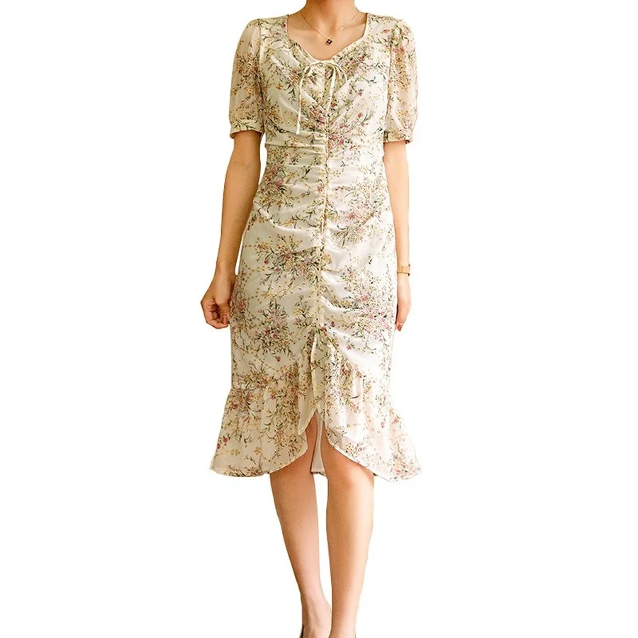 

BoozRey Summer New Fashion French Retro Dress Y2k Short Sleeve Bodycon Dress Embroidery Temperament Floral Dresses for 2021