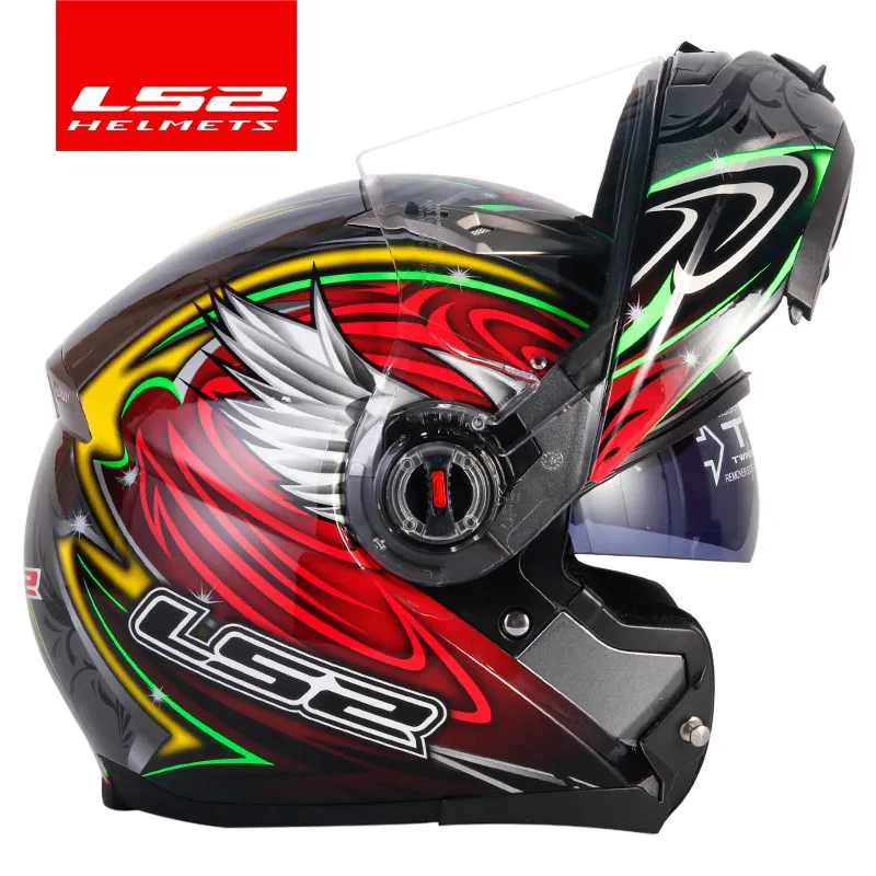 LS2 FF370 флип мото rcycle шлем двойной щит с солнцезащитные очки LS2 модульная двойная линза козырек capacete casco moto вкладыш - Цвет: Red yellow feather