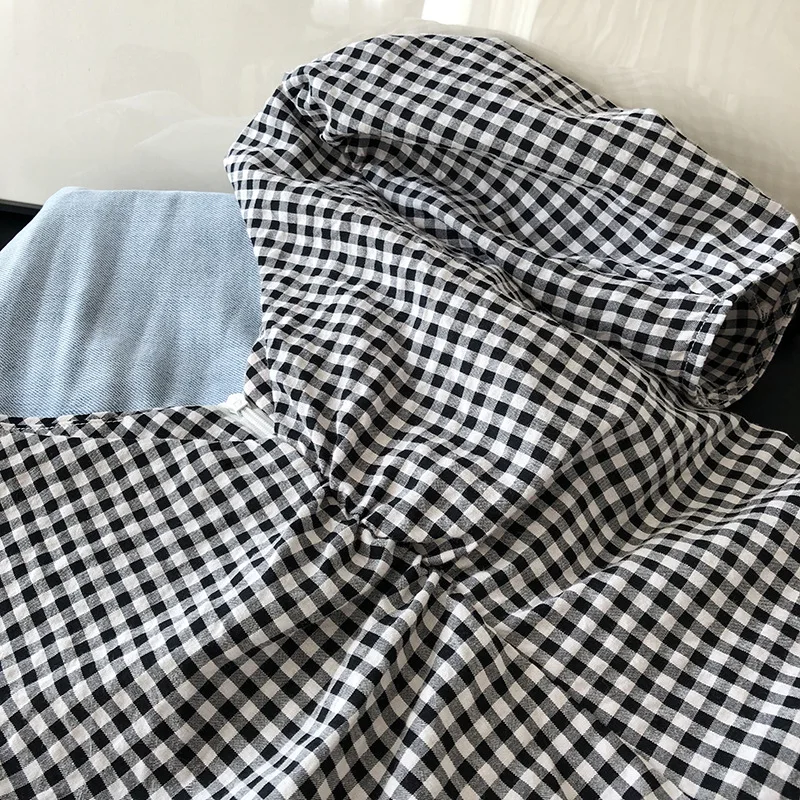 

Korean Elegant V-neck Puff Sleeve Women Shirts Pleated Design Slim Plaid Female Blouses 2021 Summer New Chic Fashion Clothing
