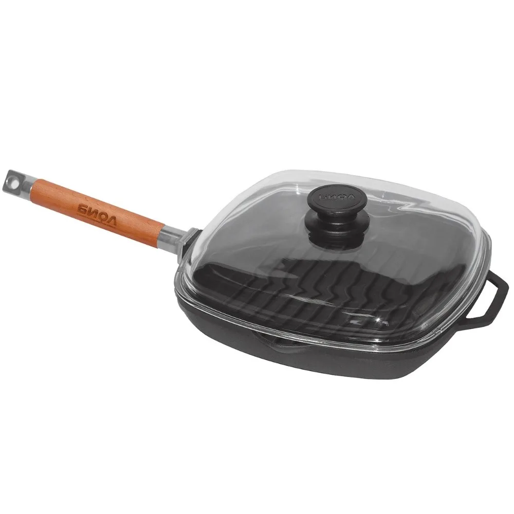 СКОВОРОДА ГРИЛЬ ЧУГУННАЯ &quotБиол&quot с крышкой и съемной деревянной ручкой 26*26/28*28