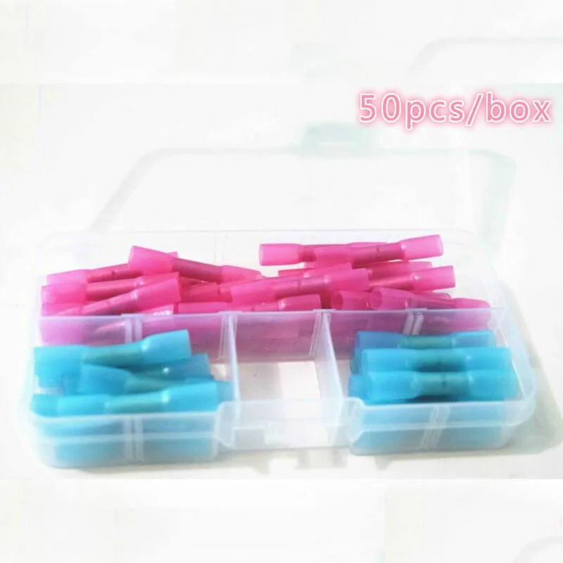 

50 pcs/box Insulated Waterproof Heat Shrink Terminals Butt Electrical Wire Crimp Terminals Connector Red + Blue