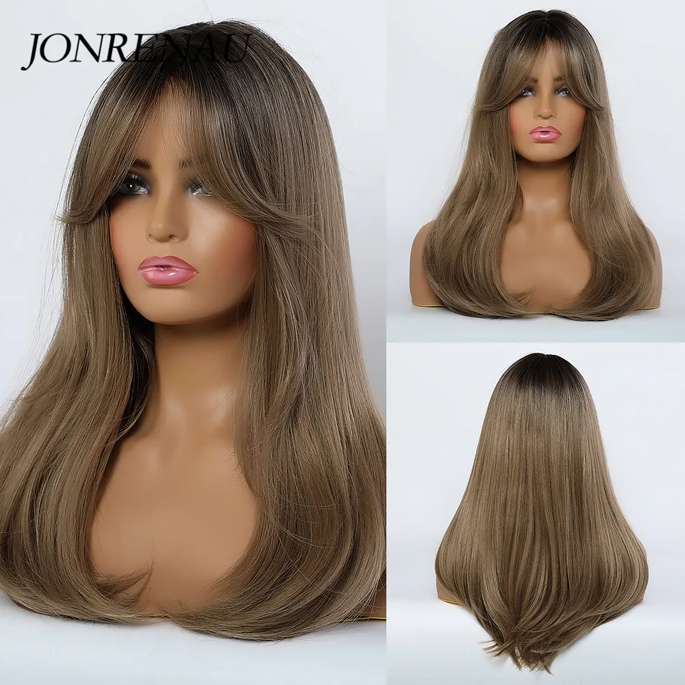 Jonrenau Synthetic Natural Wave Wigs with Side Bangs Black Root Light Brown for Women Daily Party | Шиньоны и парики