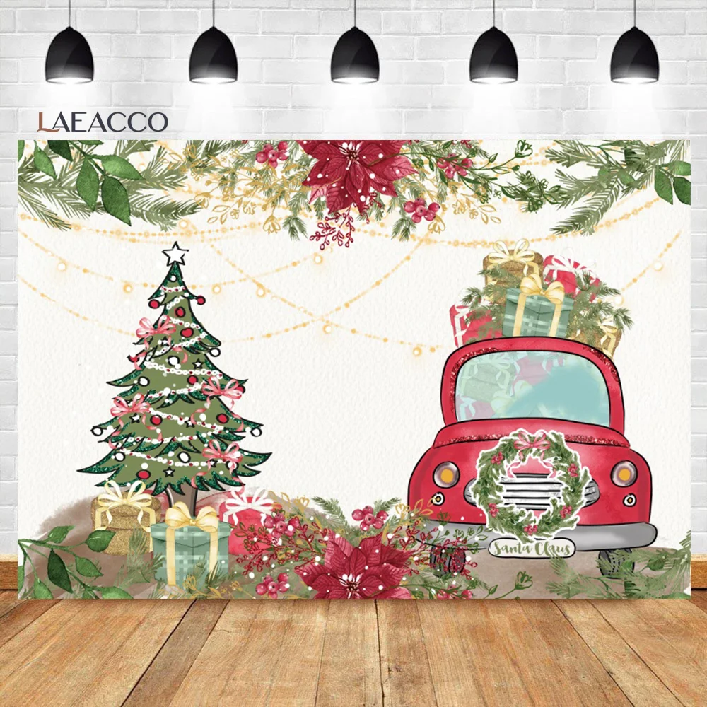 

Laeacco Merry Christmas Photography Backdrops Watercolor Cartoon Christmas Tree Car Gift Baby Portrait Background Photo Studio