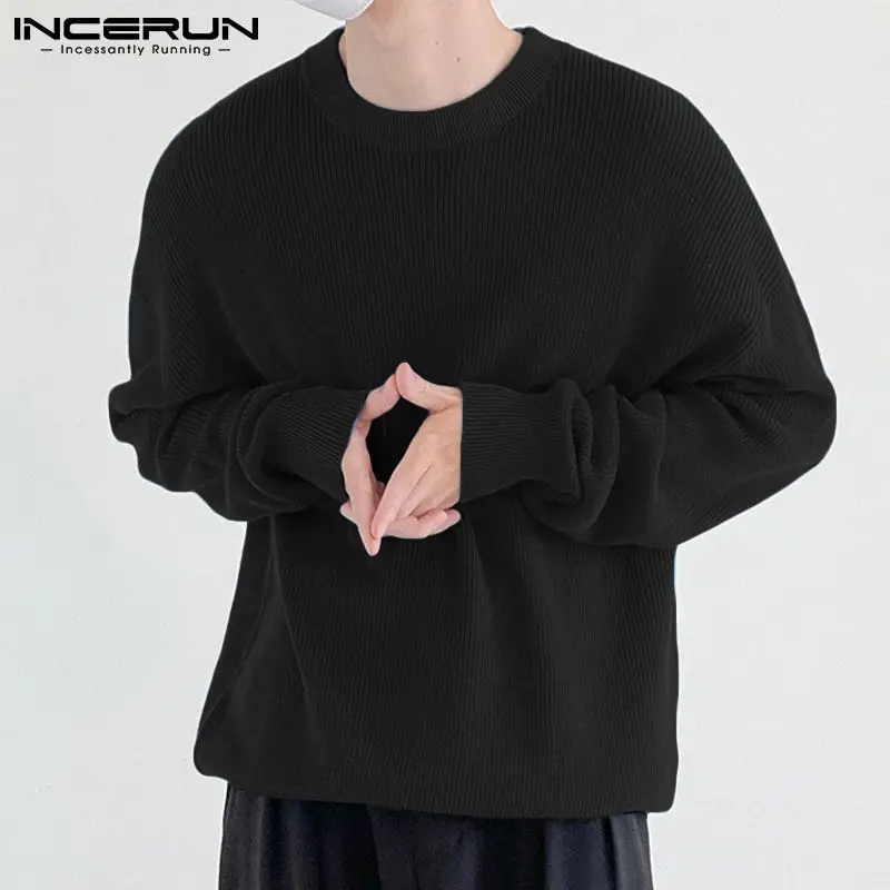 Stylish Men Camiseta T-shirt Casual Well Fitting T-shirts Solid Fashion Drop Shoulder Sweater Knit Tees S-5XL INCERUN Tops 2021