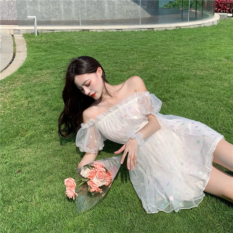 

Sannian Lace Dress Women Clothes 2021 New Summer Waist And Knee Dresses A Shoulder Fashion Sequin Dress Ladies Beach Clothing