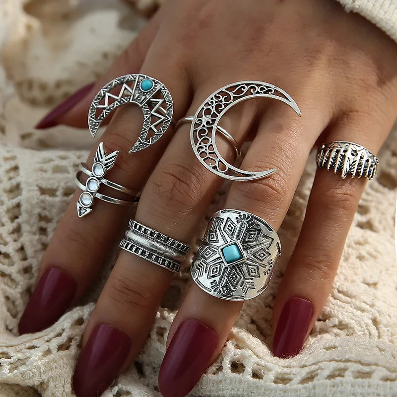 

6pcs/sets Vintage Silver Color Moon Ring Sets for Women Hollow Geometric Leaf Bohemian Jewelry Gift Accessories