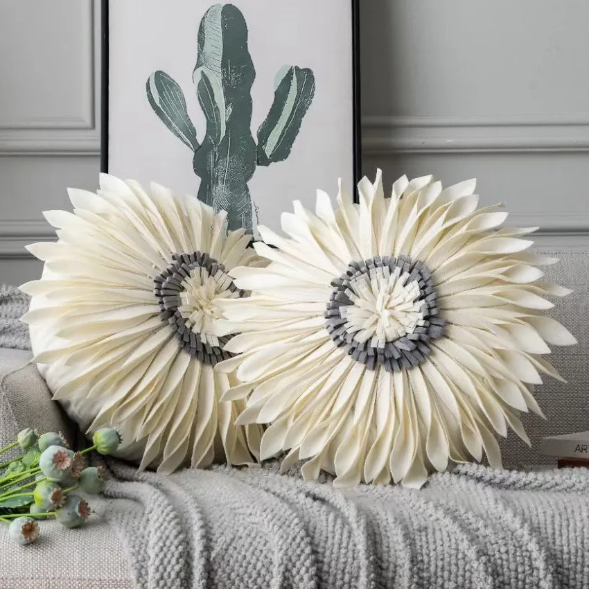 

Fashion Round 3D Chrysanthemum Throw Pillow Holland Velvet Stitching Cushion Pillow Round 45*45cm Cute Pillow Home Decoration