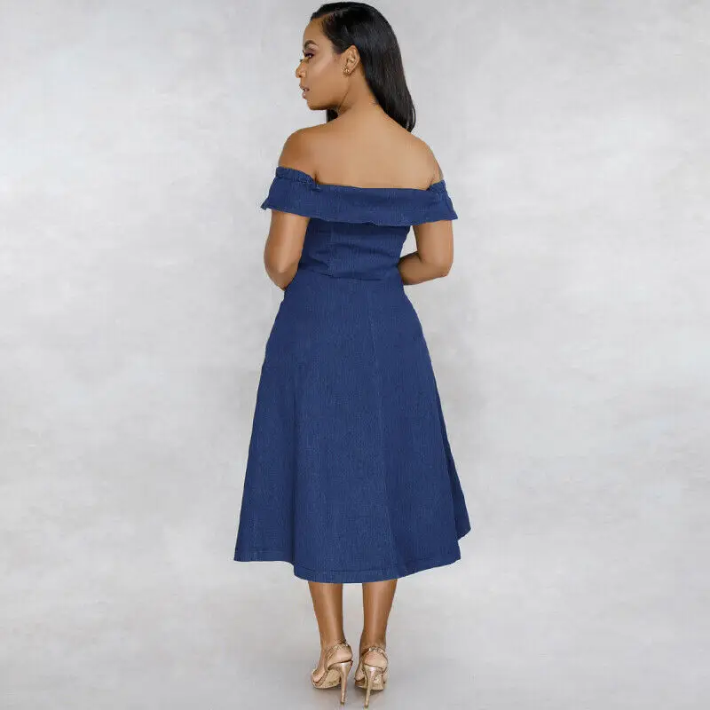 

2020 Summer Ruffle Women Off-shoulder Slash Neck Blue Denim Clubwear Party Dress Casual Jeans A-Line Dresses Fashion Clothing