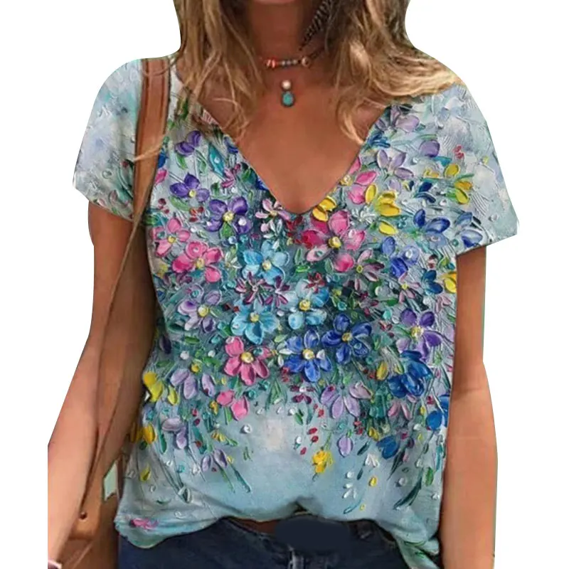 

Women's T-shirt 2021Spring and Summer New Fashion Vintage Woman Tshirts Plus Size Women Short Sleeve Printed V-Neck Tops T-Shirt