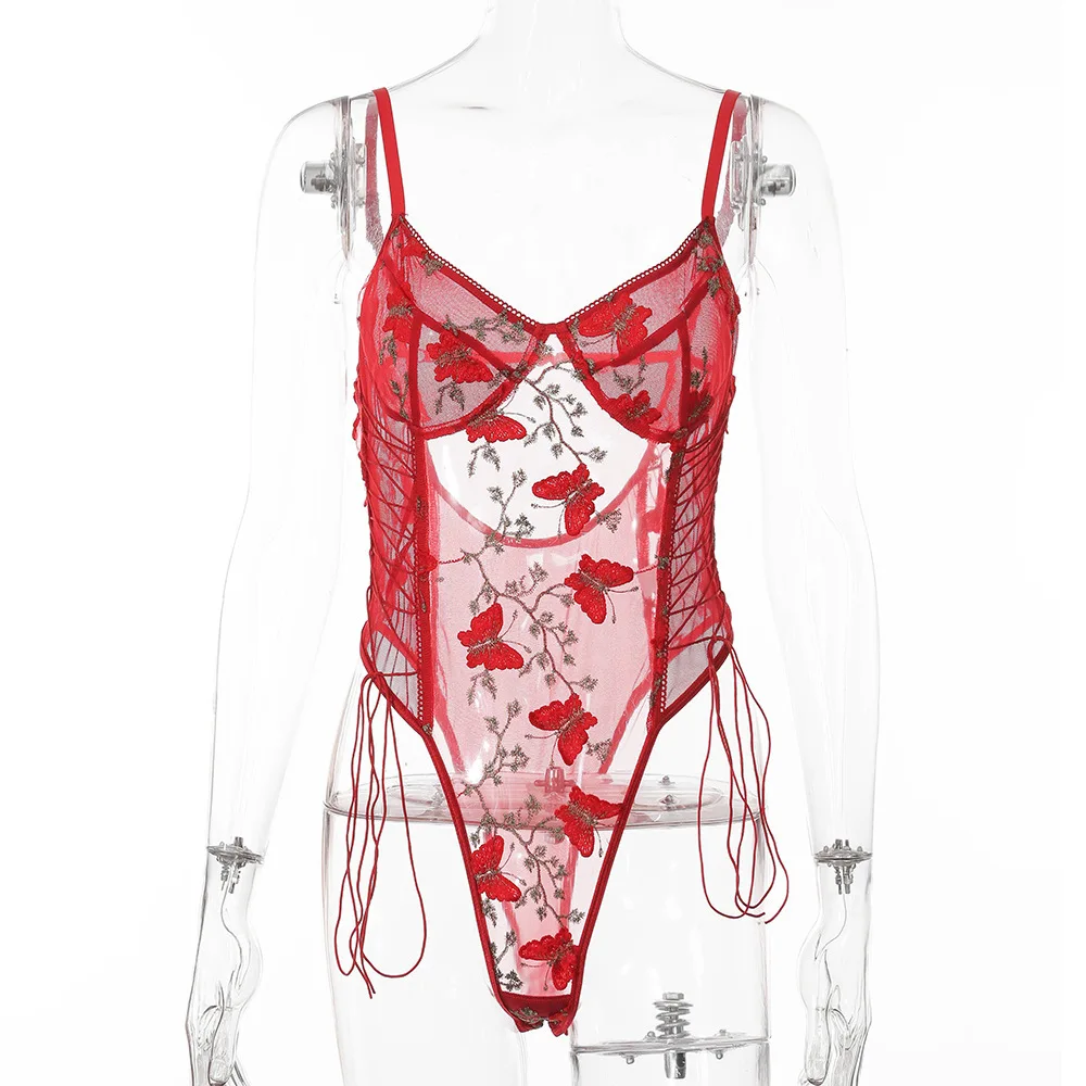 

Lace Floral Sexy Bodysuit Women Underwear Set Mesh Exotic Lingerie Woman Embroidery Bandage Tight Body Rompers Mujer 2021 New
