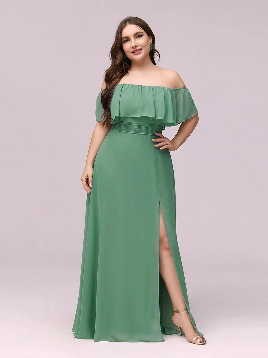 

Green Bean Evening Dresses For Women Party Ever Pretty EP00968 Women's Off Shoulder Ruffle Thigh Split Formal Gown Plus Size