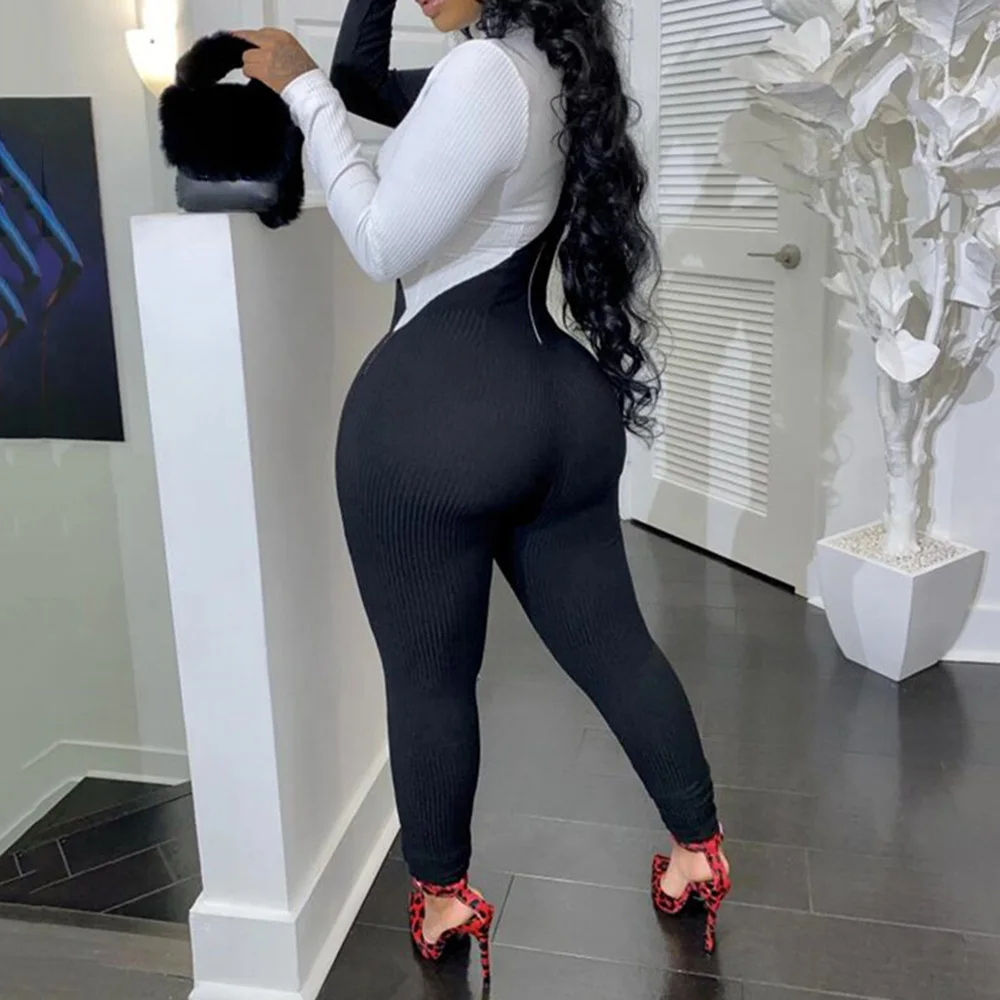 

Fashion Designer Patchwork Women Jumpsuit Winter Fall Turtleneck Long Sleeve Sexy Overalls Hollow Zipper Black Yellow Party 2XL