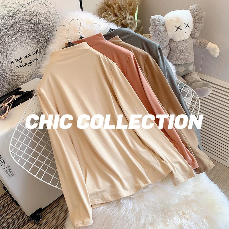 

De Velvet Double-sided Brushed Half High Neck Bottoming Shirt Women's Autumn And Winter Long-sleeved T-shirt To Keep Warm Inside