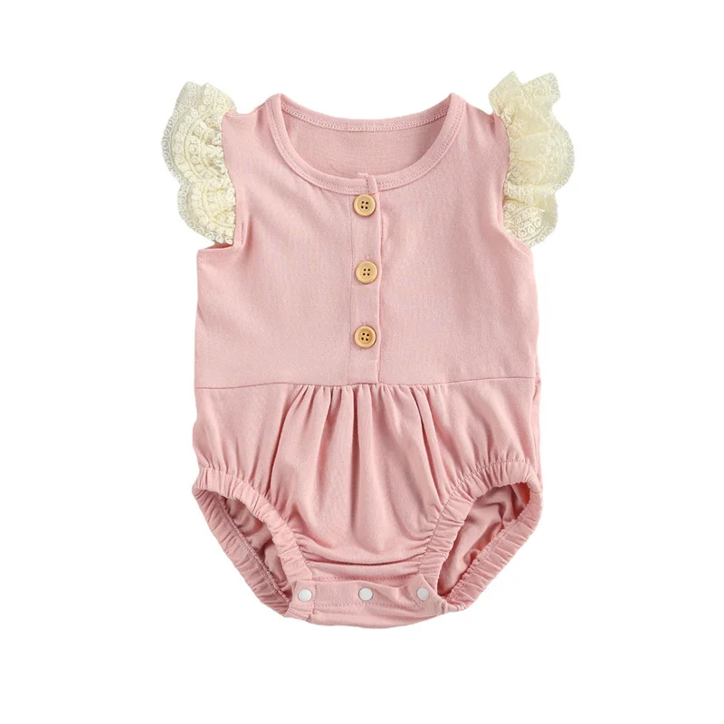 

0-18Months Newborn Girls Lace Flying Sleeve Cotton Romper,Children Baby Girls Button Folding Decoration,Elastic Design Clothing