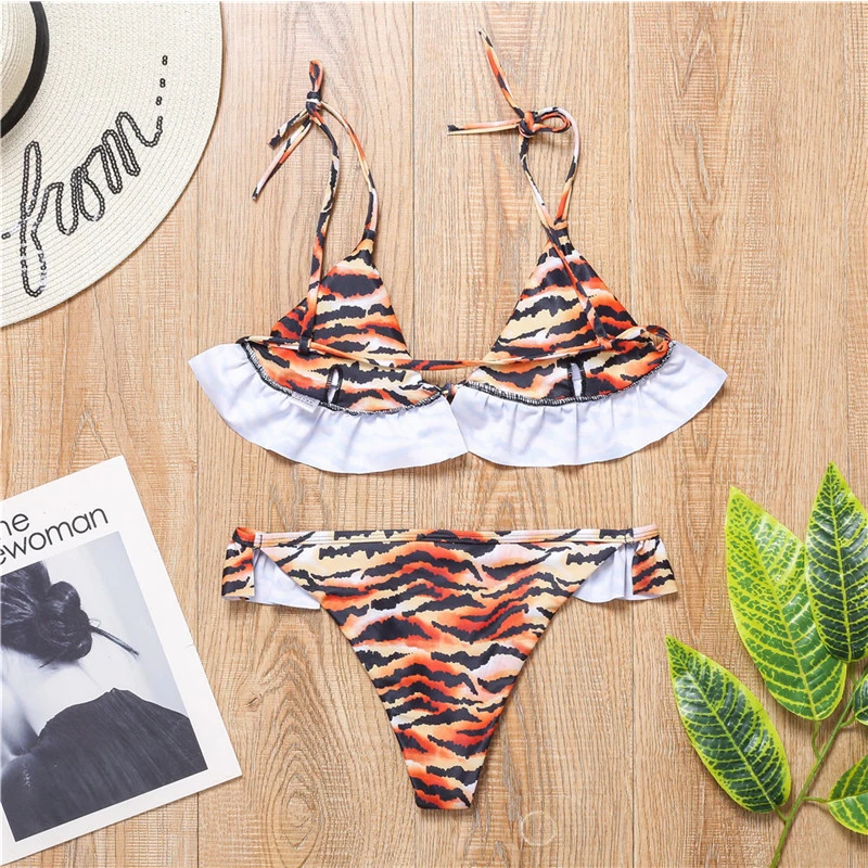 Сексуальное платье с оборками принтом в виде тигра купальник женский