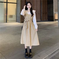 houzhou kawaii elegant dress women lace patchwork long sleeve midi dresses sweet preppy style peter pan collar vintage robe