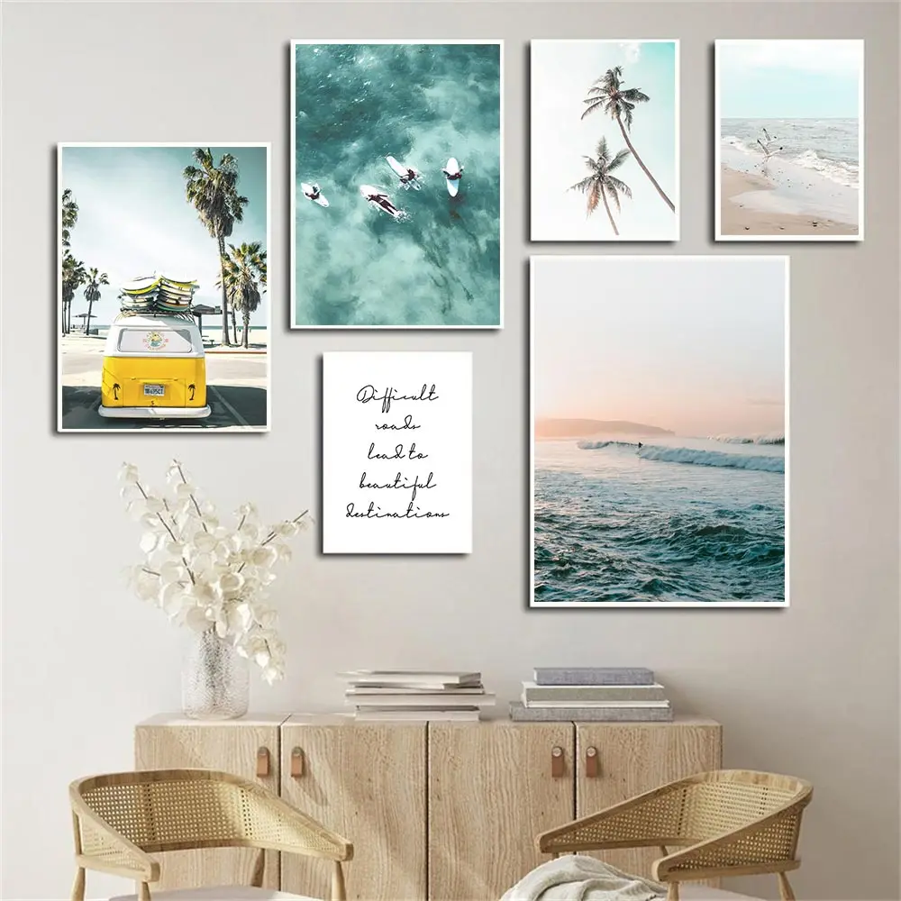

Nordic Beach Yacht Coconut Tree Wall Art Poster Surfing Touring Car Summer Landscape Art Print Quotes Canvas Painting Home Decor